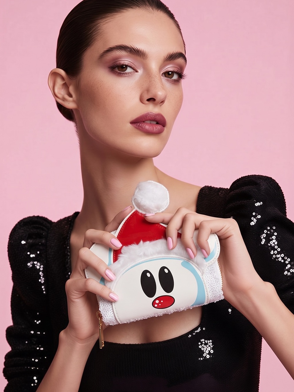 Loungefly White & Red Mickey Santa Face Mini Wristlet